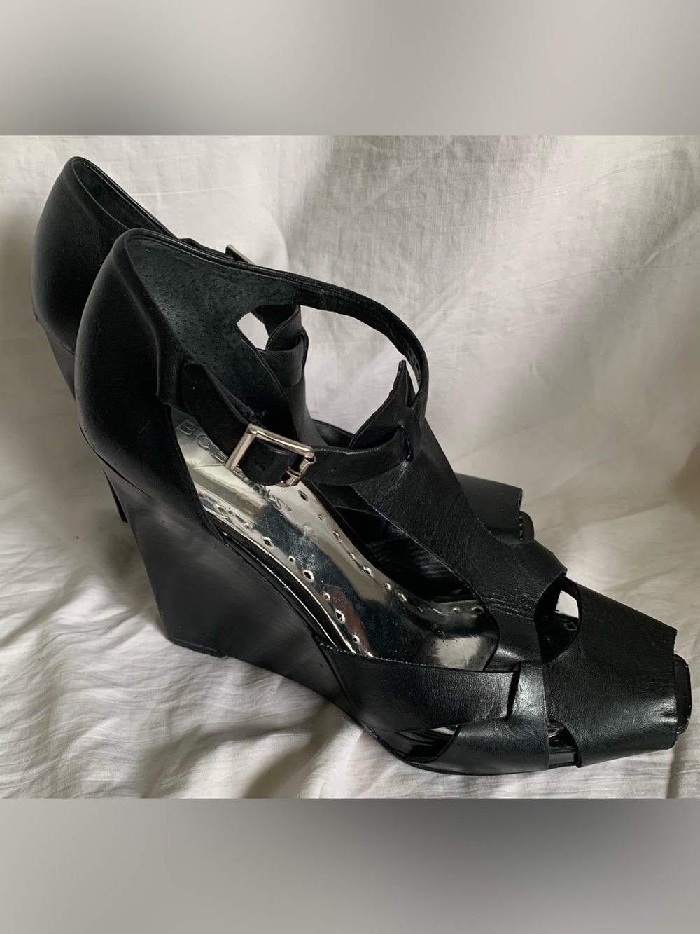 BCBGirls Black Leather Peep-Toe T-Strap Wedge Sandals with Buckle